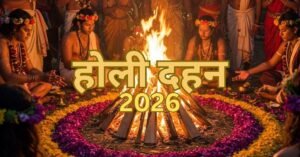 "होलिका दहन 2026 की जलती हुई पवित्र अग्नि की तस्वीर, जिसमें पूजा का शुभ समय 6:22 PM से 8:50 PM दर्शाया गया है। साथ में भविष्य नक्षत्र और आचार्य शरद स्वरूप का नाम और संपर्क नंबर (9818359075) लिखा है।"