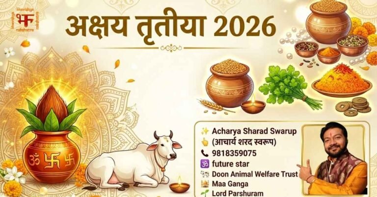 अक्षय तृतीया 2026 के शुभ अवसर पर दान की जाने वाली वस्तुओं (गेहूं, धनिया, पीले चावल) और गौ सेवा को दर्शाता एक आध्यात्मिक ग्राफिक, जिसमें आचार्य शरद स्वरूप का विवरण शामिल है।