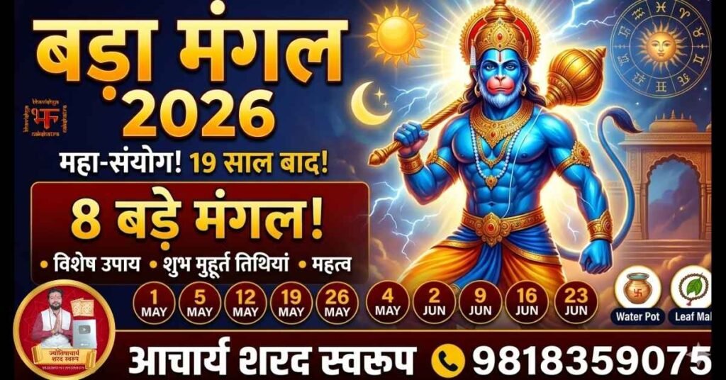 बड़ा मंगल 2026 हनुमान जी ग्राफ़िक जिसमें 8 बड़े मंगल की तिथियां और आचार्य शरद स्वरूप का विवरण है।