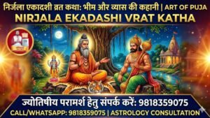 एक विस्तृत थंबनेल जिसमें पारंपरिक भारतीय कला शैली में महर्षि वेदव्यास और भीमसेन एक बरगद के पेड़ के नीचे बैठे हैं। महर्षि व्यास भीम को निर्जला एकादशी की कथा सुना रहे हैं। इमेज में भगवान विष्णु की एक छोटी मूर्ति और एक भव्य मंदिर का दृश्य भी है। शीर्ष पर हिंदी में "निर्जला एकादशी व्रत कथा: भीम और व्यास की कहानी" और अंग्रेजी में "NIRJALA EKADASHI VRAT KATHA" लिखा है। नीचे एक नीले बैनर पर संपर्क नंबर 9818359075 दिया गया है।