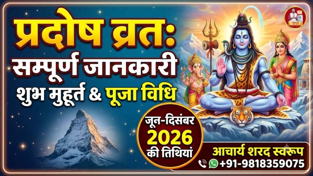 A religious banner about Pradosh Vrat featuring Lord Shiva, Goddess Parvati, and Lord Ganesha. It includes Hindi text "प्रदोष व्रत: सम्पूर्ण जानकारी, शुभ मुहूर्त & पूजा विधि" and lists dates for June-December 2026 with contact details of Acharya Sharad Swaroop.