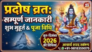 A religious banner about Pradosh Vrat featuring Lord Shiva, Goddess Parvati, and Lord Ganesha. It includes Hindi text "प्रदोष व्रत: सम्पूर्ण जानकारी, शुभ मुहूर्त & पूजा विधि" and lists dates for June-December 2026 with contact details of Acharya Sharad Swaroop.