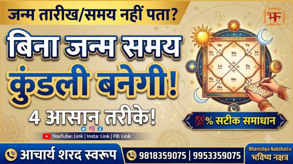 एक ज्योतिषीय यूट्यूब थंबनेल जिसमें हिंदी टेक्स्ट लिखा है: 'बिना जन्म समय कुंडली बनेगी!', साथ ही एक जन्म कुंडली चार्ट, आचार्य शरद स्वरूप का नाम और फोन नंबर।