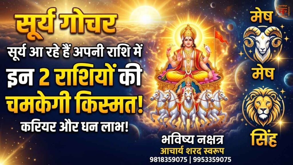 सूर्य देव अपने रथ पर, साथ में मेष और सिंह राशि के प्रतीक।