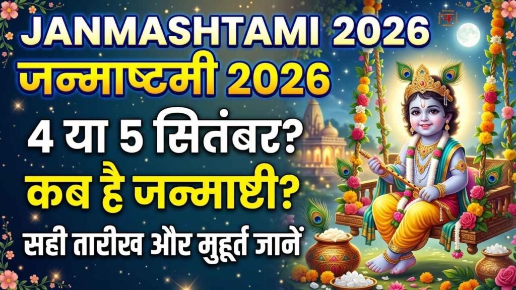 भगवान कृष्ण के झूले और मंदिर के बैकग्राउंड के साथ जन्माष्टमी 2026 की तारीख और मुहूर्त का हिंदी थंबनेल।