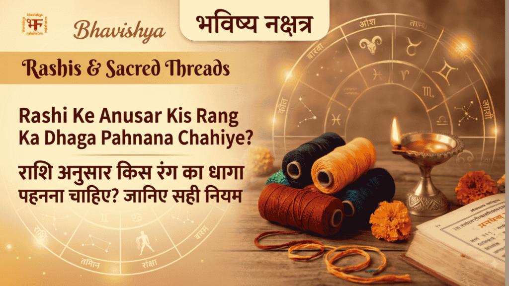 विभिन्न रंगीन पवित्र धागे और एक जलता हुआ दीया, एक ज्योतिषीय राशि चक्र और धार्मिक पुस्तक के साथ एक मेज पर रखे हुए। (Bhavishya Nakshatra image showing colourful sacred threads on a wooden table with a diya, zodiac chart, and an old scripture).