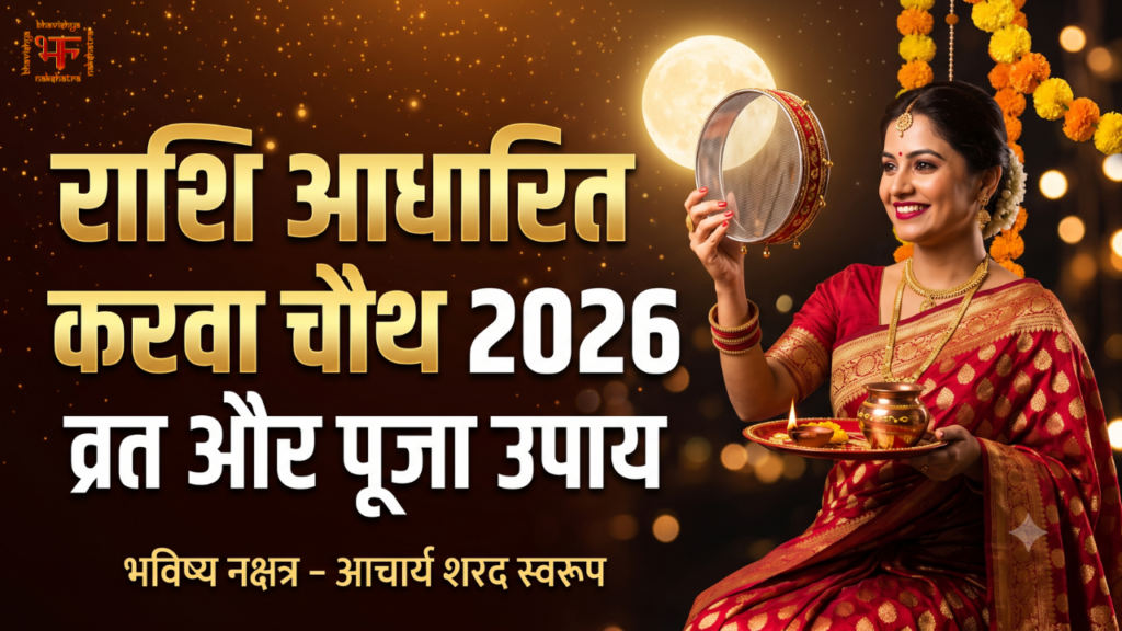 करवा चौथ 2026 पर राशि अनुसार पूजा उपाय और शुभ मुहूर्त की जानकारी देता आकर्षक थंबनेल, जिसमें थाली और छलनी लिए सुहागिन महिला और 'राशि आधारित करवा चौथ 2026' लिखा है।
