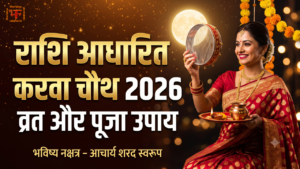 करवा चौथ 2026 पर राशि अनुसार पूजा उपाय और शुभ मुहूर्त की जानकारी देता आकर्षक थंबनेल, जिसमें थाली और छलनी लिए सुहागिन महिला और 'राशि आधारित करवा चौथ 2026' लिखा है।