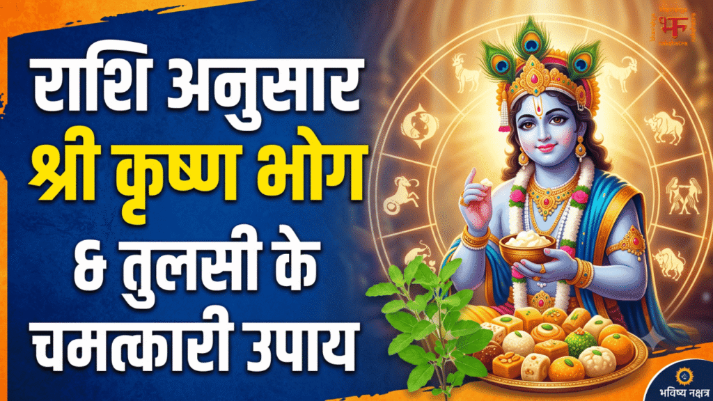 भगवान श्री कृष्ण की आकर्षक छवि, मिठाई और तुलसी के साथ, और हिंदी टेक्स्ट "राशि अनुसार श्री कृष्ण भोग & तुलसी के चमत्कारी उपाय"।