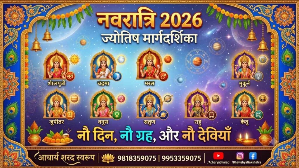 नवरात्रि 2026 नौ दिन नौ ग्रह और नौ देवियाँ ज्योतिष उपाय चार्ट - भविष्य नक्षत्र आचार्य शरद स्वरूप