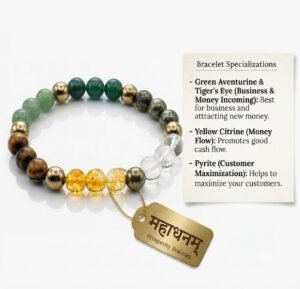 Mahadhanams prosperity crystal bracelet featuring Green Aventurine, Tiger's Eye, Yellow Citrine, and Pyrite beads with Mahadhanams tag for business growth and money attraction by Acharya Sharad Swarup Bhavishya Nakshatra Ghaziabad.
