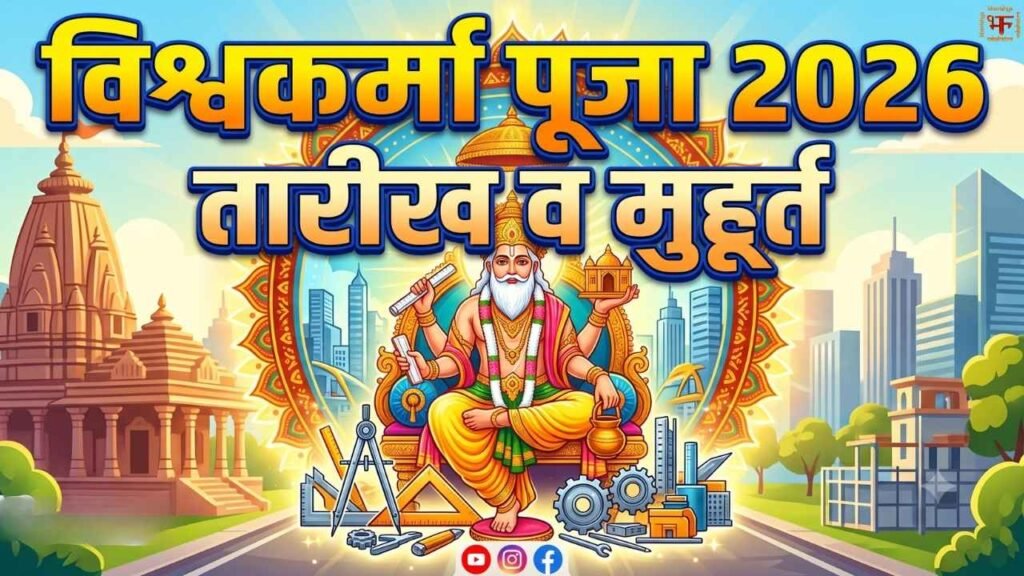 भगवान विश्वकर्मा की प्रतिमा के साथ 'विश्वकर्मा पूजा 2026 तारीख व मुहूर्त' लिखा हुआ थंबनेल पोस्ट।