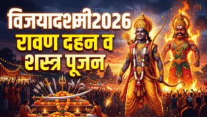 विजयादशमी 2026 रावण दहन और शस्त्र पूजन बैनर जिसमें भगवान राम, जलता हुआ रावण और पूजित शस्त्र दिखाई दे रहे हैं।